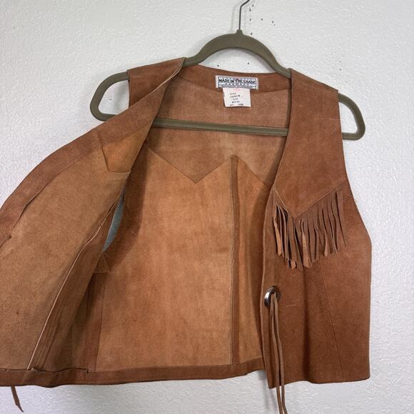 Vintage Suede Fringe Vest Womens Medium Western Leather Concho Tie Front USA - Picture 6 of 14